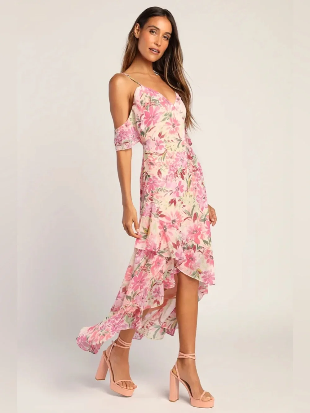 Lulus Watch Me Grow Pink Floral Print Cold-Shoulder High-Low Dress Size L NWT